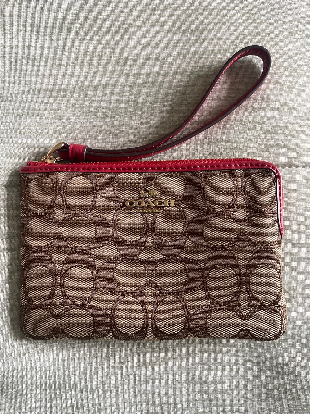 Coach Brown Signature Canvas Wristlet with Red Trim